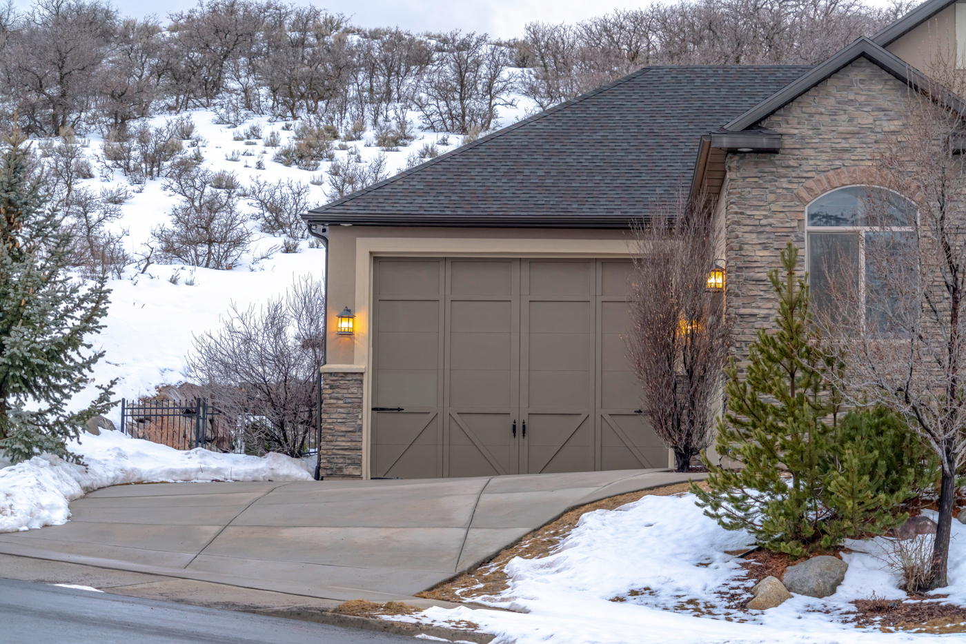 Double garage door on modern Canadian home driveway