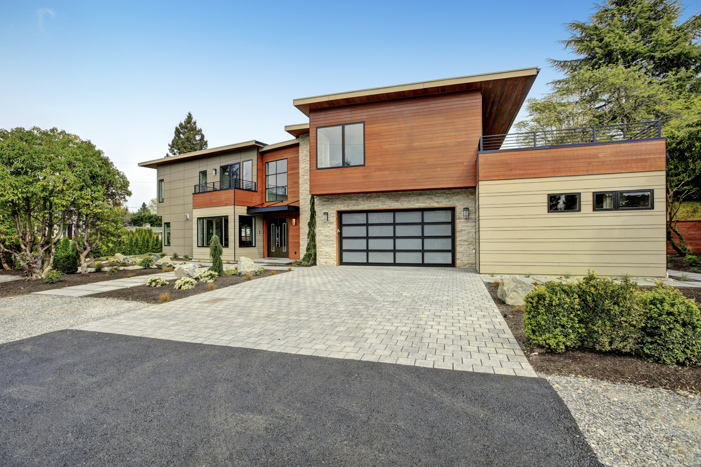 Modern glass garage door on Canadian home